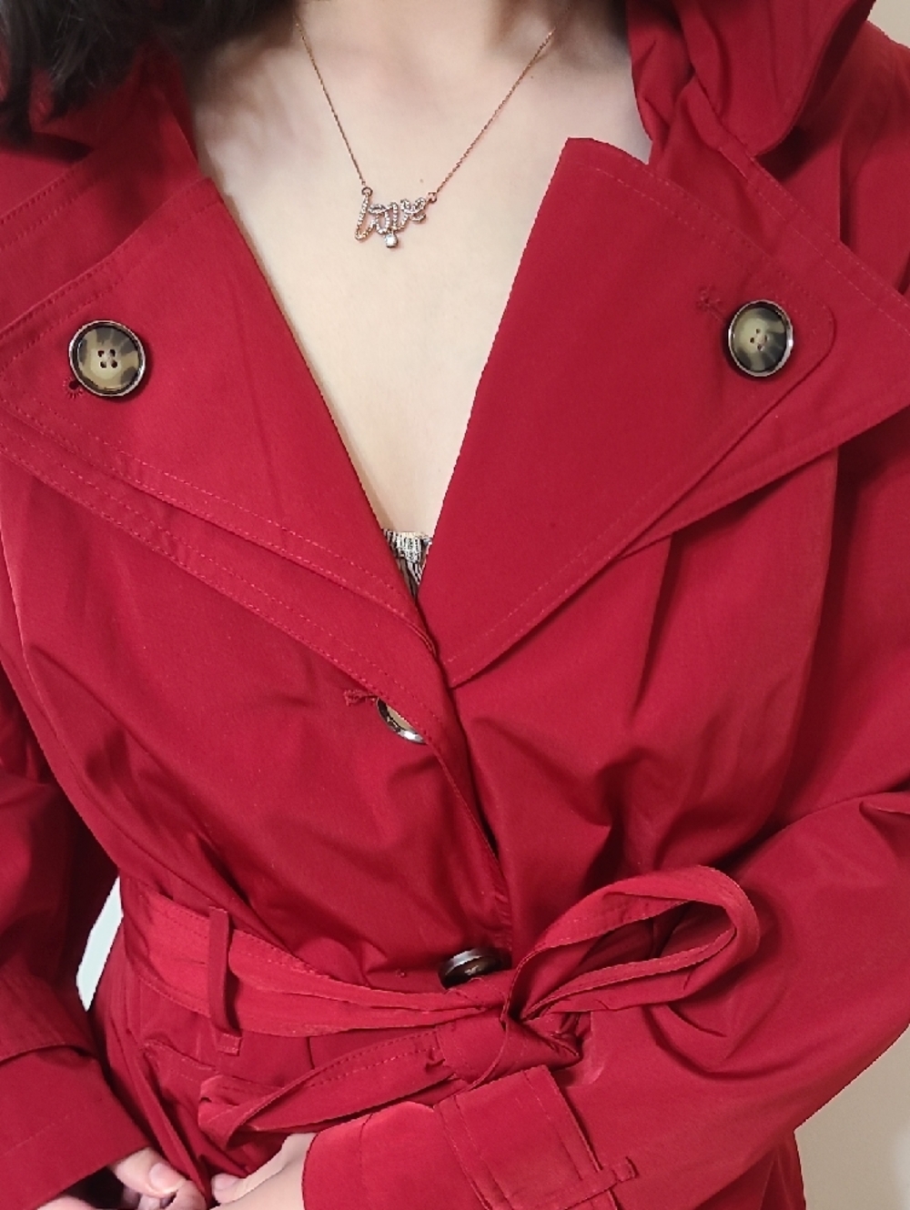 London Fog Crimson Red Trench with Waist Tie - Picture 6 of 12